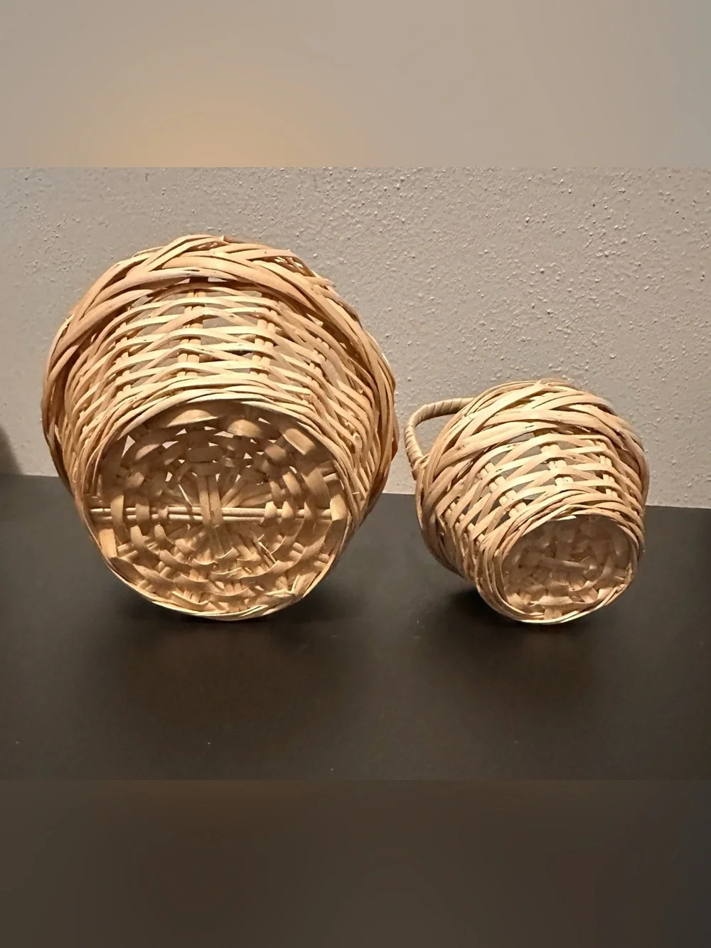 Set of 2 Woven Natural Rattan Baskets with Handles